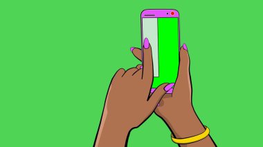 Dokunmatik ekran cihazı tutuyorum. Çizgi film animasyonu. El, akıllı telefonu tutar. Diğer el, bir parmağıyla renk ekranını yana doğru sallıyor. Zil ve titreşim var. Değiştirilecek temiz yeşil arkaplan.