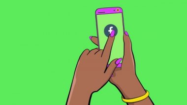 Dokunmatik ekran cihazı tutuyorum. Çizgi film animasyonu. El, akıllı telefonu tutar. Öte yandan, sosyal ağ simgelerini parmağıyla kenara atıyor. Zil ve titreşim var. Değiştirilmesi gereken temiz yeşil bir arka plan. 4k