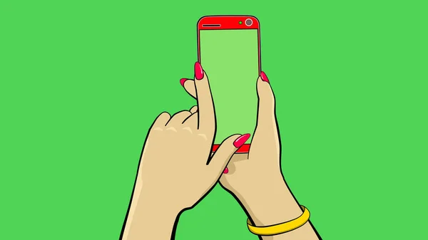Holding a touch screen device. Cartoon animation. The hand holds a smartphone. The other hand throws the social network icons with his finger to the side. There is a bell and vibration. Clean green background to replace.