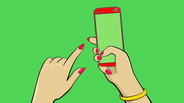 Holding a touch screen device. Cartoon animation. The hand holds a smartphone. The other hand throws the social network icons with his finger to the side. There is a bell and vibration. Clean green background to replace.