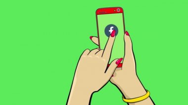 Dokunmatik ekran cihazı tutuyorum. Çizgi film animasyonu. El, akıllı telefonu tutar. Öte yandan, sosyal ağ simgelerini parmağıyla kenara atıyor. Zil ve titreşim var. Değiştirilmesi gereken temiz yeşil bir arka plan. 4k
