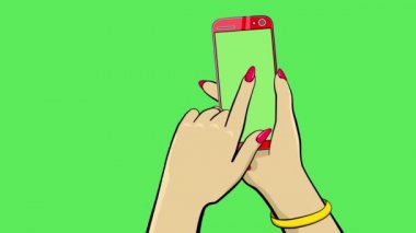 Dokunmatik ekran cihazı tutuyorum. Çizgi film animasyonu. El, akıllı telefonu tutar. Diğer el de ekranı parmağıyla yana doğru fırlatıyor. Zil ve titreşim var. Değiştirilmesi gereken temiz yeşil bir arka plan. 4k