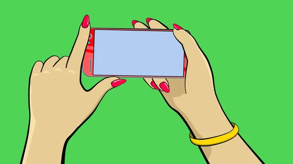 Holding a touch screen device. Cartoon animation. The hand holds a smartphone. Throws the percent icon to the side with the index finger. Clean green background to replace. 4K