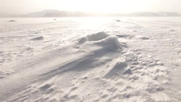 Lód Wielkiej Rzece Wiatr Wieje Wieje Śnieg Mroźny Zimowy Dzień — Wideo stockowe