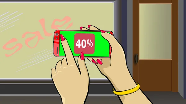 拿着触摸屏装置 卡通动画 这只手拿着智能手机 用食指将百分比图标抛向侧面 前景是一个商店橱窗 折扣出售要约 — 图库照片