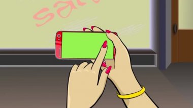 Dokunmatik ekran cihazı tutuyorum. Çizgi film animasyonu. El, akıllı telefonu tutar. İşaret parmağıyla yüzde ikonu kenara atar. Ön planda bir dükkan penceresi var. İndirim teklifi. 4 