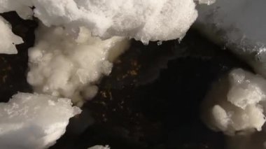 Buzda çatlak var. Saf beyaz kar ve su. Yakın plan..