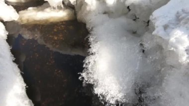 Buzda çatlak var. Saf beyaz kar ve su. Yakın plan..