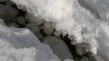 Buzda çatlak var. Saf beyaz kar ve su. Yakın plan..