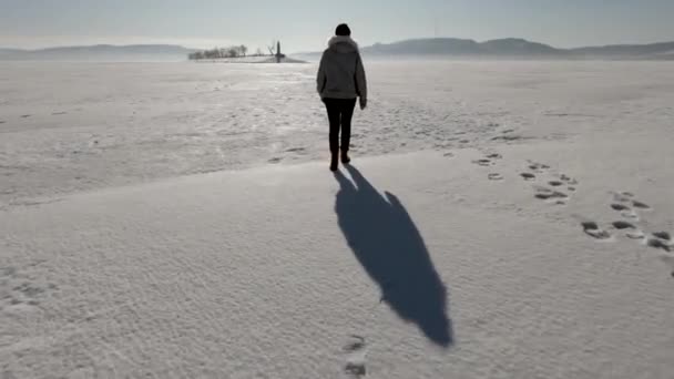 冬の大きな川 女性が氷の上を歩いている 霜の日と明るい太陽 純白の雪 — ストック動画