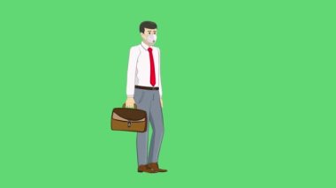Animasyon. Bir adam, şirketten bir yönetici elinde bir çantayla yürüyor. Yüzüne bir tıbbi maske takılmış. Değiştirilecek yeşil arkaplan. Koronavirüsle savaşmak için..
