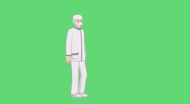 Animasyon. Adam, doktor beyaz giysili. Yüzüne bir tıbbi maske takılmış. Koronavirüsle savaşmak için. Değiştirilecek yeşil arkaplan.