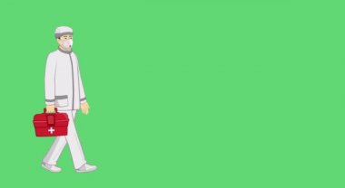 Animasyon. Bir adam - bir doktor elinde tıbbi bir kutuyla yürüyor. Bir ofis çalışanı toplantıya gider. Yüzlerinde tıbbi maskeler var. Koronavirüsle savaşmak için. Değiştirilecek yeşil arkaplan.