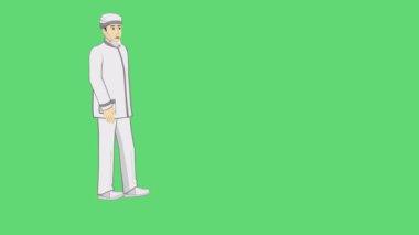 Animasyon. Adam, doktor beyaz giysili. Yüzüne bir tıbbi maske takılmış. Koronavirüsle savaşmak için. Değiştirilecek yeşil arkaplan.