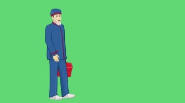 Animasyon. Bir adam - bir doktor elinde tıbbi bir kutuyla yürüyor. Yüzüne bir tıbbi maske takılmış. Koronavirüsle savaşmak için. Değiştirilecek yeşil arkaplan.