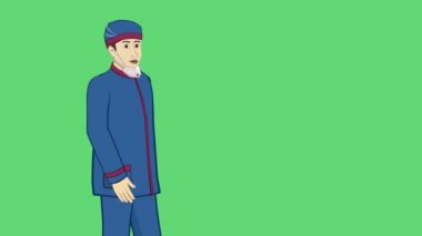 Doktor Animasyon. Bir adam - doktor mavi kıyafetler giyer. Yüzüne bir tıbbi maske takılmış. Koronavirüsle savaşmak için. Değiştirilecek yeşil arkaplan.