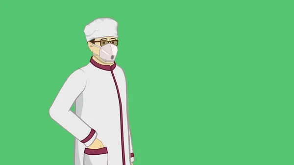 Animation. The man - the doctor is in white clothes. A medical mask is dressed on his face. To combat coronavirus. Green background to replace.