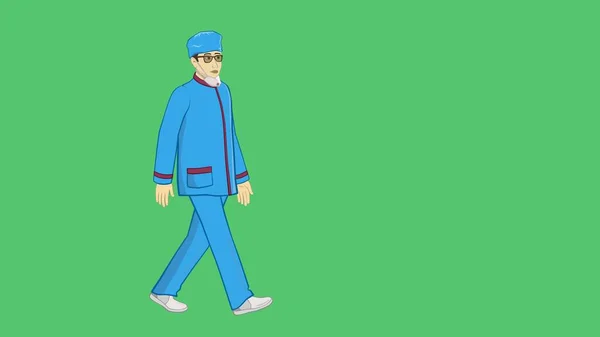 Animation. A male doctor approaches the table. Picks up a medical box. A medical mask and glasses are worn on the face. Helps patients with coronavirus. Green background to replace.