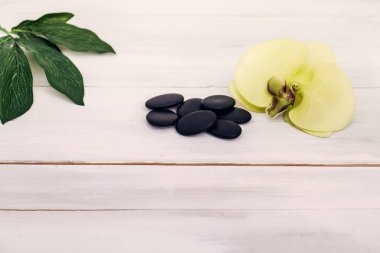 Spa Masaj taşların üzerinde ahşap arka plan ayarlama ile orkide
