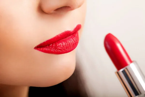 Red Lipstick. Closeup Of Woman Face With Bright Red Matte Lipstick On Full Lips. Beauty Cosmetics, Makeup Concept. High Resolution Image — Stock Photo, Image