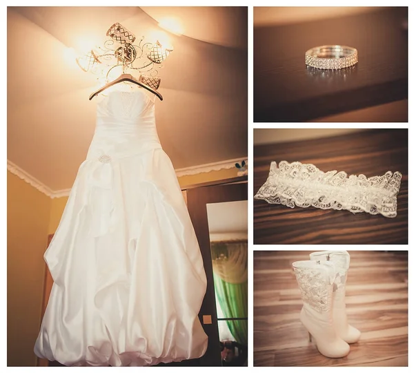 Collage à partir de photos de mariage. Mariée et marié. Accessoires de mariage. Image tonique . — Photo