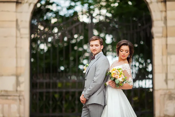 Novia y novio en la boda Día caminando al aire libre en la naturaleza de primavera. Pareja nupcial, feliz mujer recién casada y hombre abrazándose en el parque verde. Amar pareja de boda al aire libre. Novia y novio — Foto de Stock