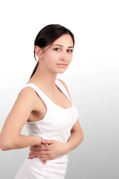 Back Pain. Beautiful Young Woman Feeling Strong Spinal Pain, Having Health Issue. Attractive Girl Suffering From Painful Feeling, Backache, Holding Hands On Body. Health Care Concept. High Resolution — Stock Photo, Image
