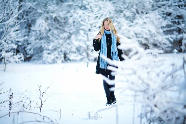 Inverno. Menina caminhando floresta nevada e sorrindo para a câmera. Muito bom humor. . — Fotografia de Stock