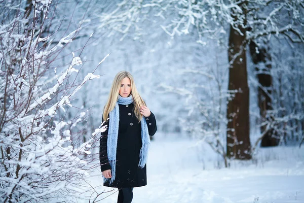 Attraktiv ung blond flicka promenader i vinter skog. Vacker kvinna i vintern utomhus. Kläder vinter. — Stockfoto