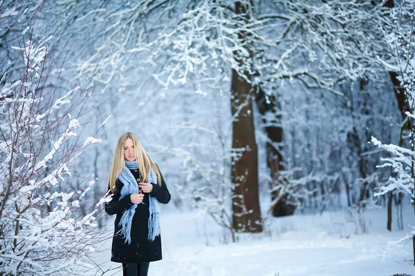 Hermosa joven sonriendo y caminando por la calle. Hermoso invierno frío y nevado. Humor de vacaciones . —  Fotos de Stock