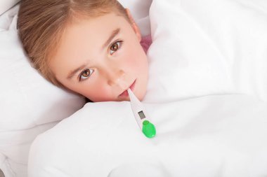 Sick girl resting in bed with fever meassuring temperature with clipart