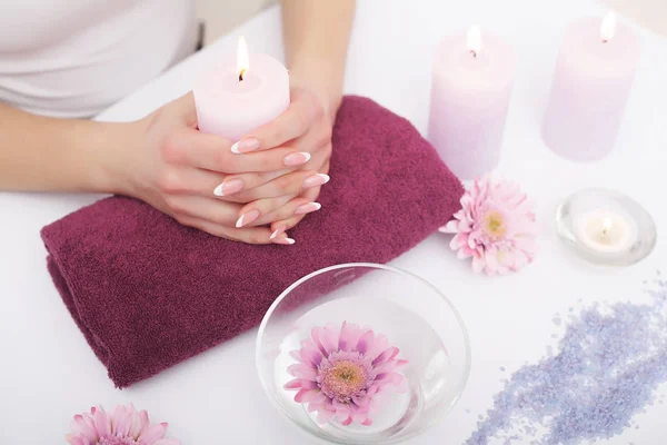 Spa Manicure. Woman Hands With Perfect Natural Healthy Nails Soa