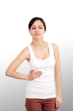 Ağrı. Kadın el mide ağrısı yatan ile karın tutmama