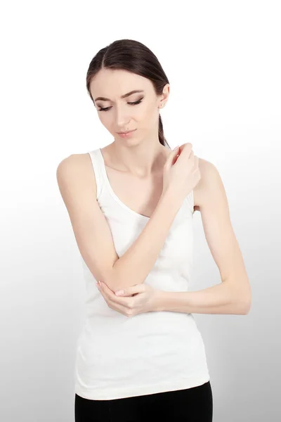 Body Pain. Beautiful Woman Feeling Pain In Elbows, Painful Arm — Stock Photo, Image