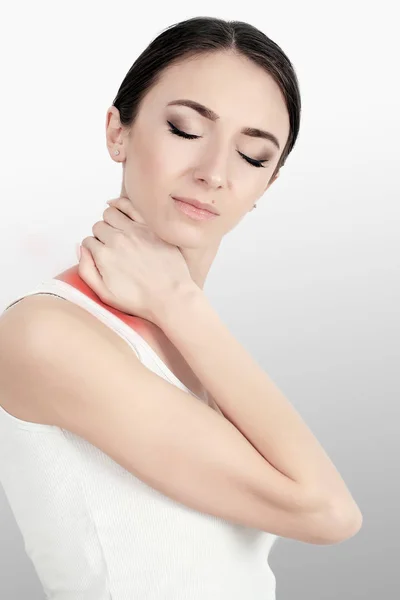 Pain In Neck Portrait Of Beautiful Young Woman Suffering From Body Pain. Attractive Female Feeling Tired, Exhausted, Stressed, Holding Hand On Painful Shoulders. Health Care Concept. High Resolution — Stock Photo, Image