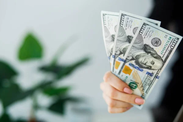 Woman With Money at Workplace. Business Concept. — Stock Photo, Image