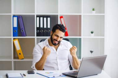 Ofiste Dizüstü bilgisayarda çalışan profesyonel iş adamı