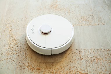 Robot vacuum cleaner performs automatic cleaning of the apartment at a certain time. Smart home. clipart
