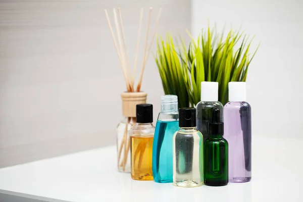 Shower supplies. Composition cosmetic products of spa treatment. — Stock Photo, Image