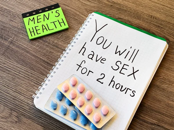 Pills for mens sexual health and notepad with text — Stock Photo, Image