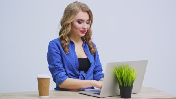 Ofisteki bilgisayarda çalışan başarılı bir iş kadını. — Stok video