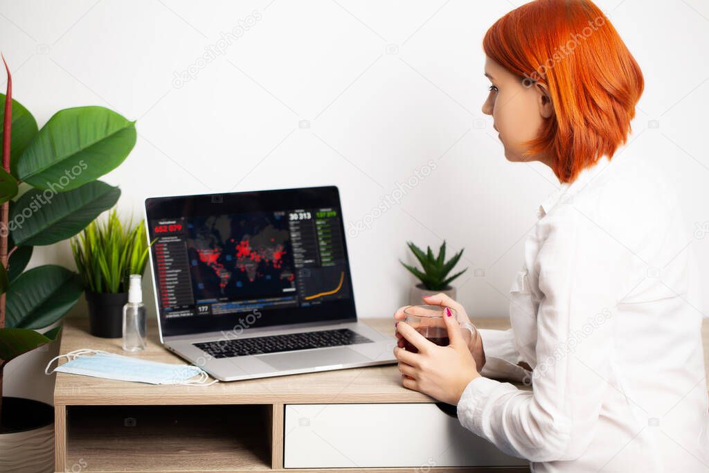 Woman with sadness watching the map of the spread of the coronavirus world