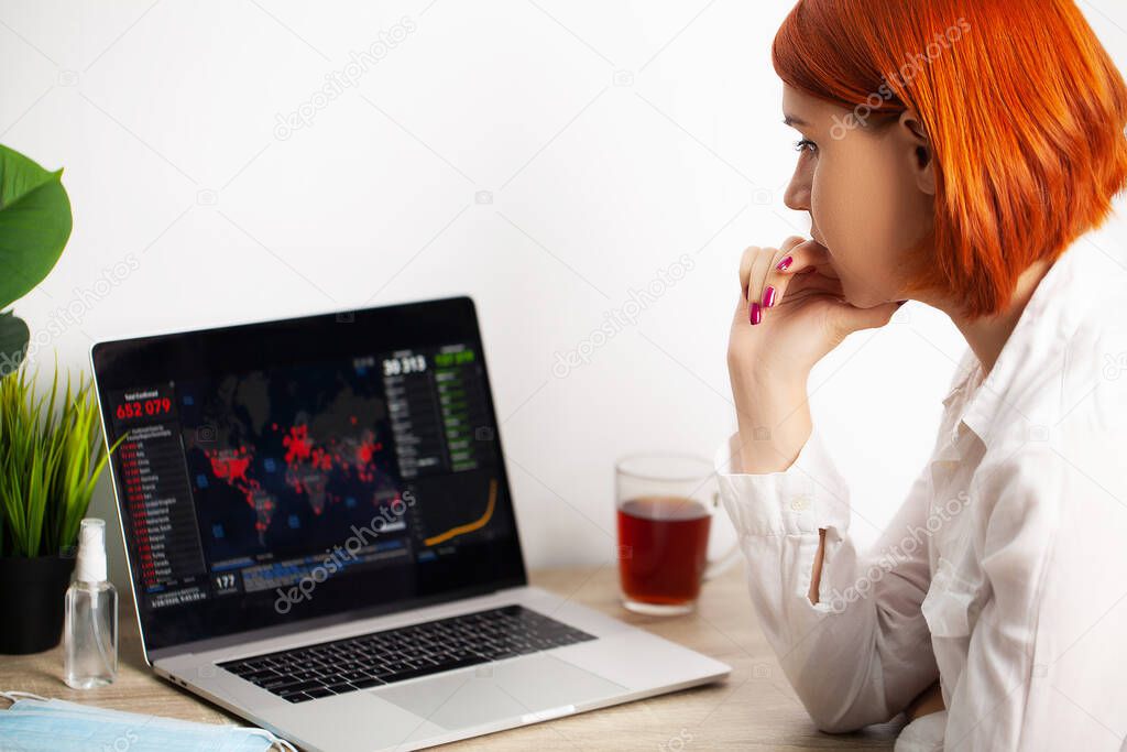 Woman with sadness watching the map of the spread of the coronavirus world