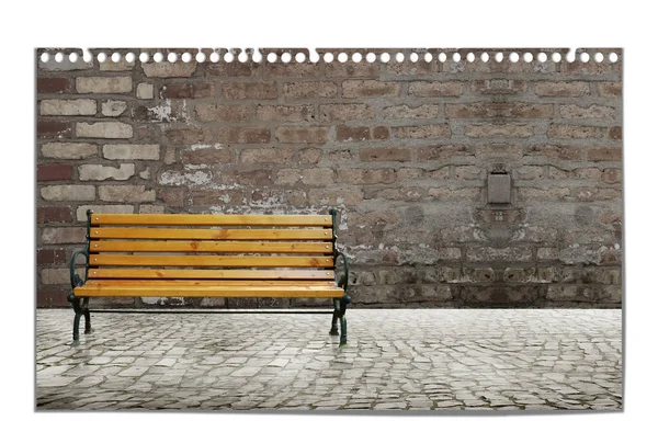 Illustration urbaine avec banc et mur de briques — Photo