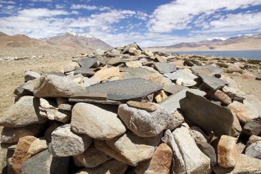 Mani taş teknik destek Moriri göle Ladakh, Hindistan