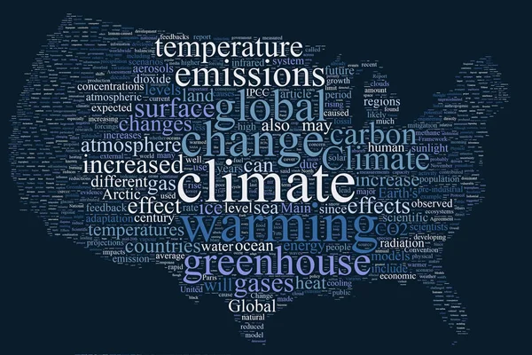 Mudanças climáticas Estados Unidos mapa nuvem de palavras — Fotografia de Stock