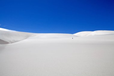 Arjantin, Puna de Atacama 'daki Caraci Pampa volkanının lav tarlasında beyaz kum tepesi.