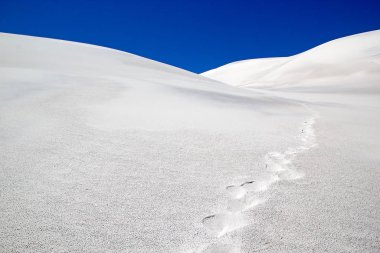 Arjantin, Puna de Atacama 'daki Caraci Pampa volkanının lav tarlasında beyaz kum tepesi.