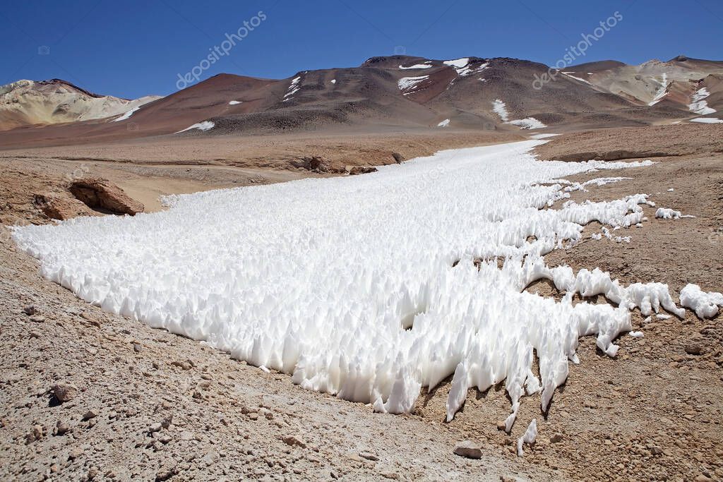 Field of penitentes along the road from La Casualidad to Mina Julia at the Puna de Atacama, Argentina. Penitentes are snow formation found at high altitudes. They take the form of elongated, thin blades of hardened snow or ice, closely spaced and poi