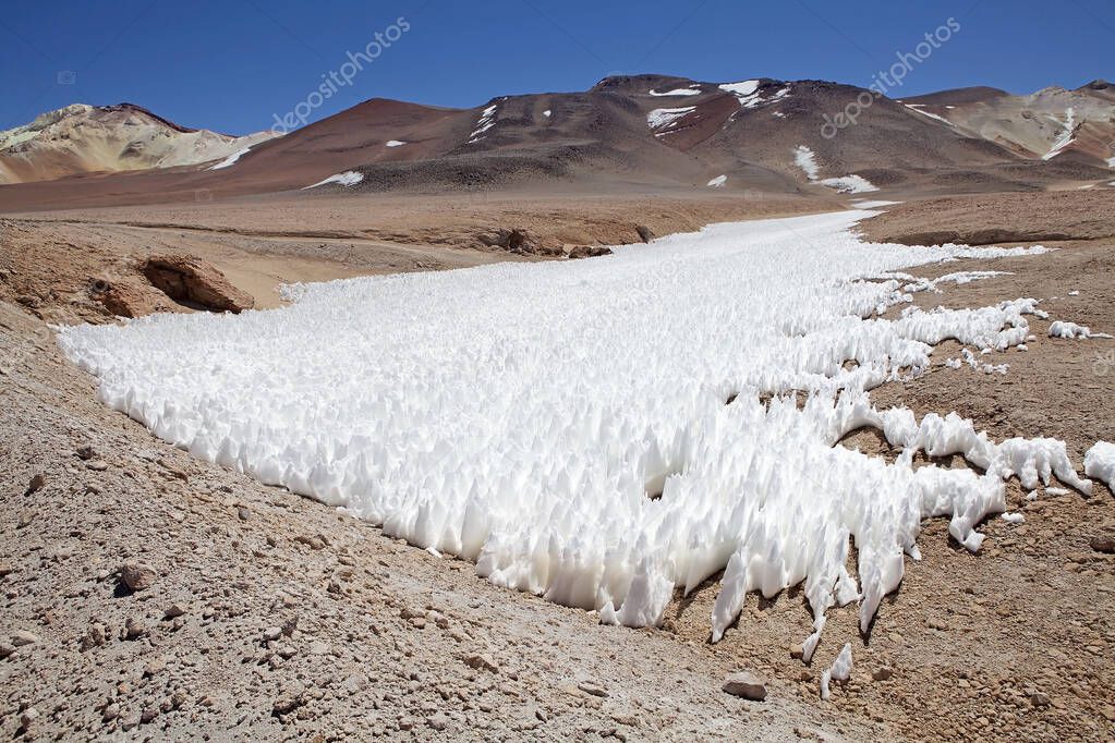 Field of penitentes along the road from La Casualidad to Mina Julia at the Puna de Atacama, Argentina. Penitentes are snow formation found at high altitudes. They take the form of elongated, thin blades of hardened snow or ice, closely spaced and poi